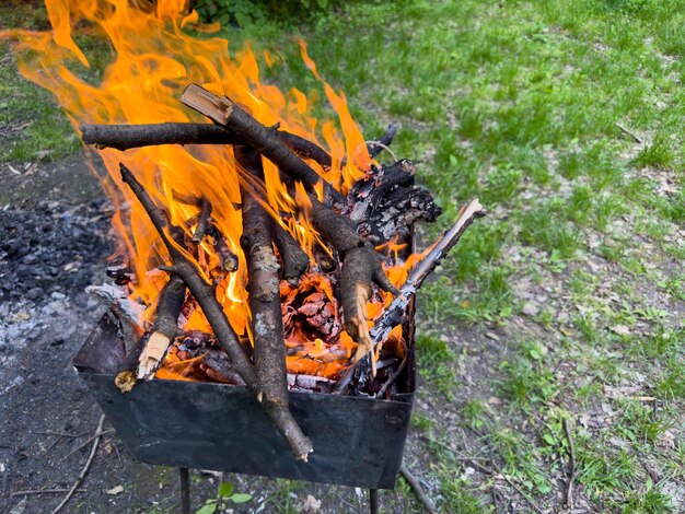 写真 グリルの薪が綺麗な炎で燃え上がります
