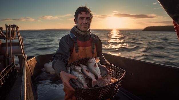 Фото Рыбак ловит рыбу в море, тяжелая работа, рыбацкая сеть, лодка, морская рыба.
