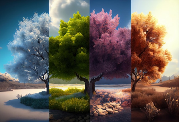 Фото Четыре временных сезона в одном дереве: зеленая весна, лето, осень, снег, зима, одно лицо, один кадр. концепция природы и фон.