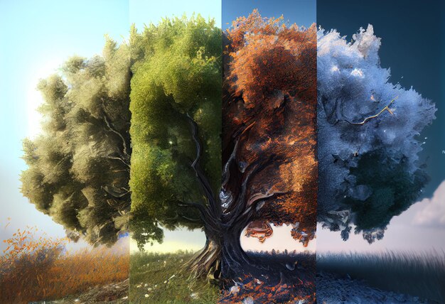 Фото Четыре временных сезона в одном дереве: зеленая весна, лето, осень, снег, зима, одно лицо, одна рамка. концепция природы и фон.