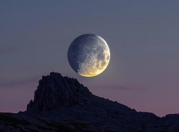写真 満月が山の頂上から昇る