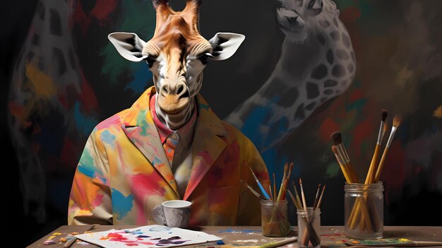 Фото Жираф в художническом халате