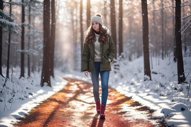 写真 冬のジャケットと暖かいアクセサリーを着た女の子が雪に覆われた公園で楽しんでいます