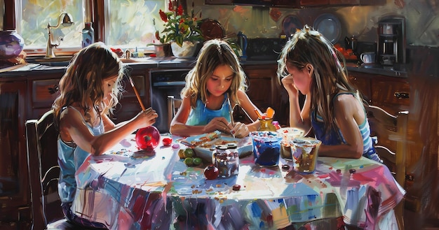 Фото Девочки рисуют дома за кухонным столом.