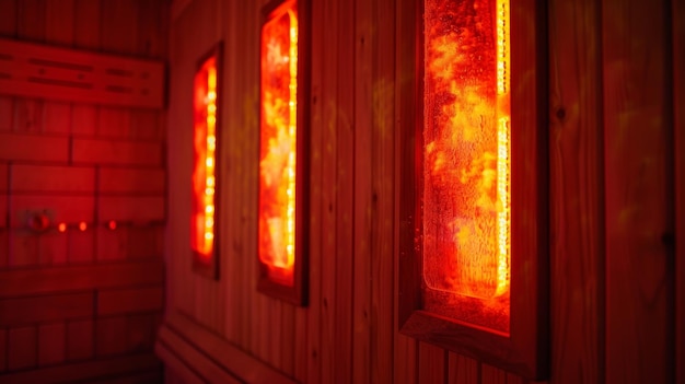 写真 サウナ の 輝く 赤い 熱 の ランプ は,人 の 背中 に 暖かさ を 放出 し,即座 に 緩和 を 与え ます