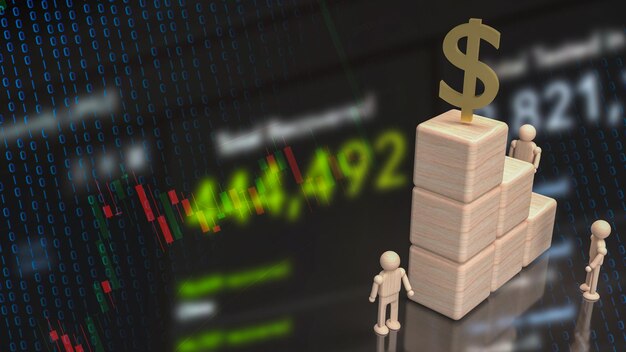 Фото Золотой символ доллара и деревянный куб на бизнес-фоне 3d-рендеринга