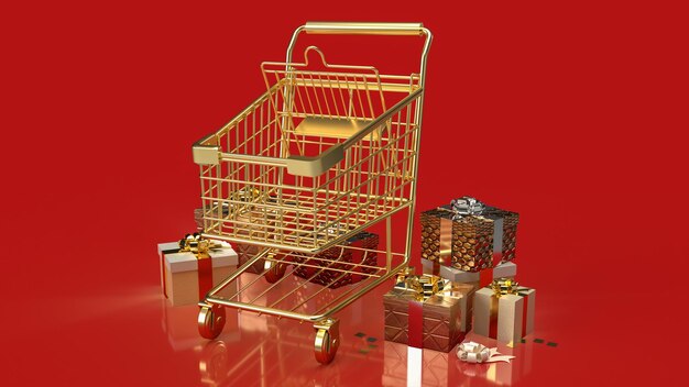 축하 또는 비즈니스 개념 3d 렌더링을 위한 금색 쇼핑 카트 및 선물 상자