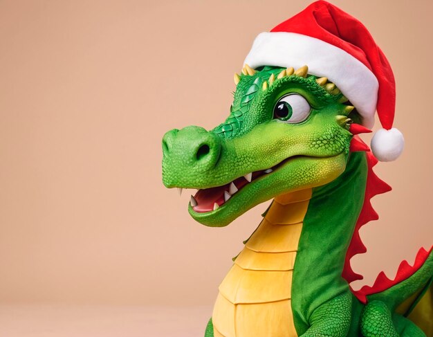 Фото Зеленый дракон в шляпе санта-клауса