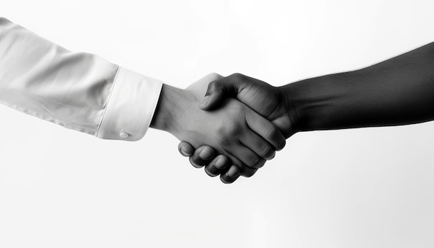 写真 白い背景に分離された握手 異なる民族グループの 2 つの強い男性の手