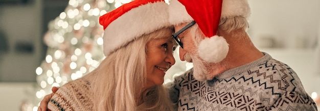 写真 クリスマスツリーの近くに立っている赤い帽子の幸せな老夫婦