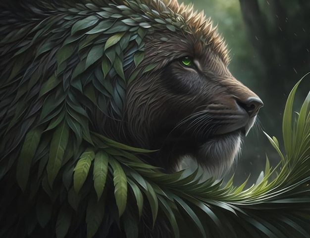 Фото Голова льва с зелеными листьями в тропическом лесу