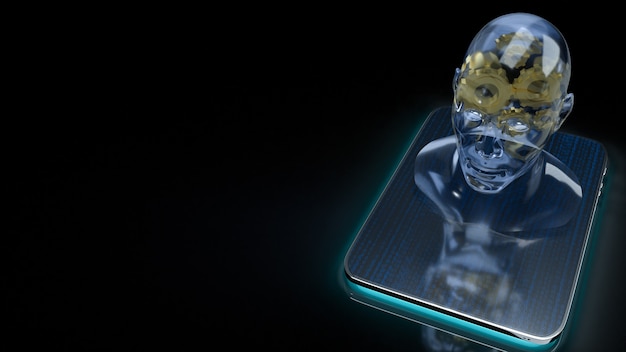 Фото Кристалл головы человека и золотая шестерня внутри на планшете для машинного обучения или 3d-рендеринга контента