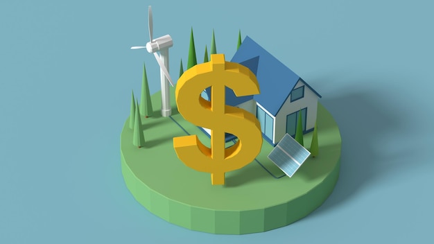 Фото Икона финансов в концепции энергетической экологии - это энергосберегающая концепция получения бесплатной энергии от солнца экологичный умный город 3d-рендеринг