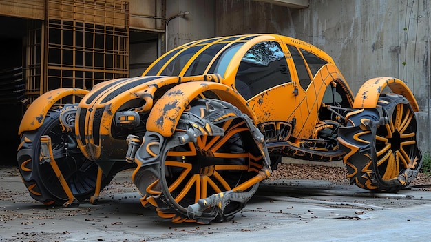 Фото Изображение представляет собой 3d-рендеринг футуристического автомобиля. автомобиль желтый и черный с гладким дизайном и большими колесами.