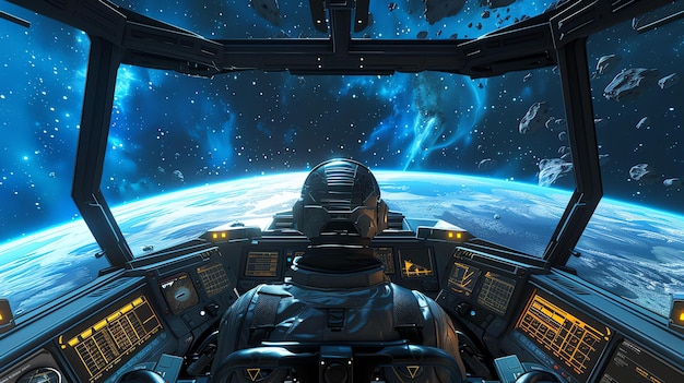 사진 이 이미지는 우주선 조종실의 3d 렌더링입니다. 조종사는 조종실 중앙에 앉아서 행성을 바라보고 있습니다.