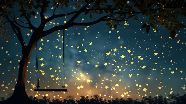 사진 the image is a beautiful depiction of a starry night a swing hangs from a large tree in the foreground and the stars twinkle in the background