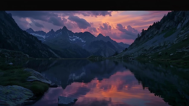 写真 夕暮れの山の湖の美しい風景です 空は濃いオレンジ色で 山は濃い青色です