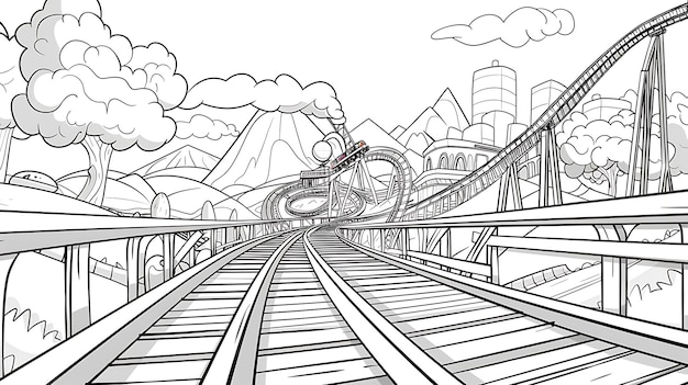 사진 the image is a black and white outline of a roller coaster the roller coaster is going through a tunnel trees and mountains are in the background