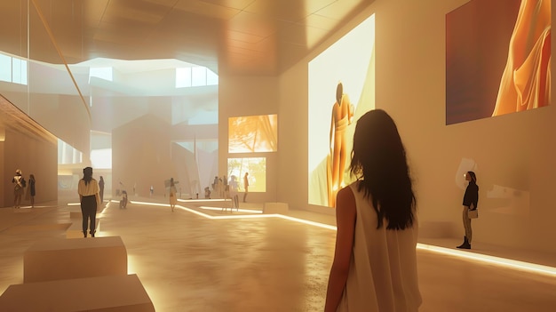 写真 画像は未来主義的な博物館のコンセプトアートです博物館は明るく照らされ大きな窓と高い天井で広いです