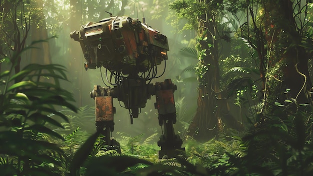 사진 이 이미지는 울창한 정글을 탐험하는 로의 콘셉트 아트입니다. 로은 키가 크고 4개의 다리를 가진 거대한 몸을 가지고 있습니다.