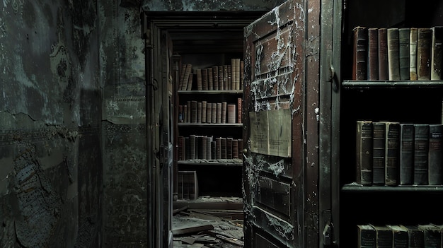 Фото Изображение представляет собой темную и пыльную библиотеку. в центре изображения находится большая деревянная дверь, а на стенах - книжные полки.
