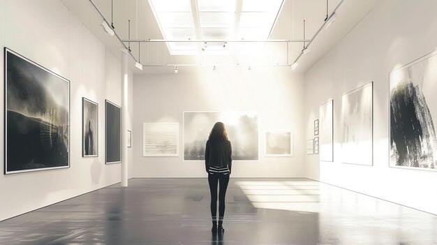 Фото Изображение - это большая яркая и просторная художественная галерея. стены белые, а пол - светло-серый.