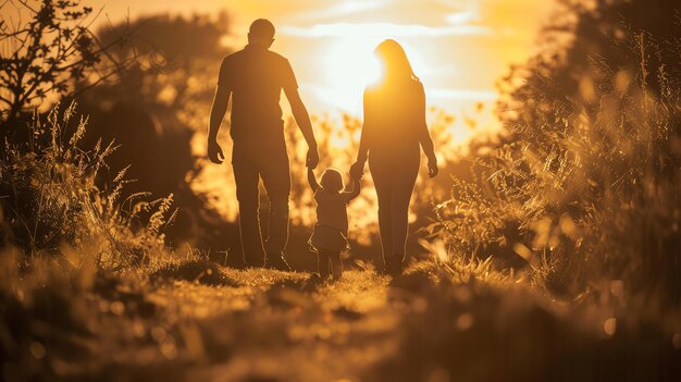 写真 この画像は3人組の家族が手をつないで日没に向かって歩いているシルエットです