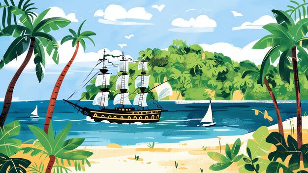 Фото Изображение представляет собой векторную иллюстрацию пиратского корабля, плавающего по океану. корабль черный с белыми парусами и красным флагом.