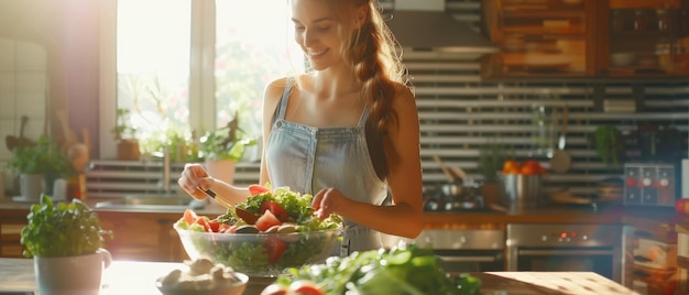 Фото Изображение красивой молодой женщины, готовящей здоровый органический салат в современной солнечной кухне, она танцует под музыку natural clean diet and healthy lifestyle concept