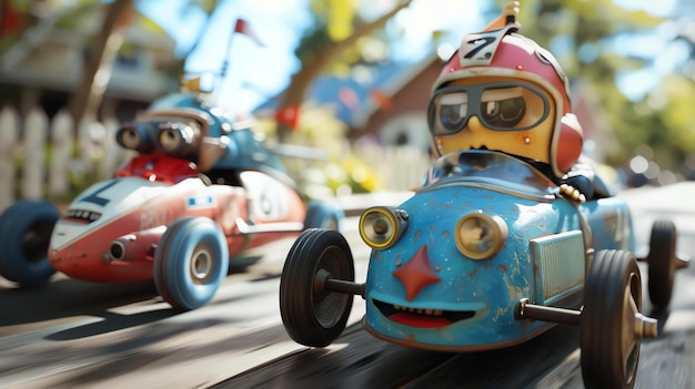 Фото На изображении показан крупный план двух игрушечных автомобилей, гоняющихся по деревянной трассе. автомобили сделаны из металла и имеют мультфильмовые лица.
