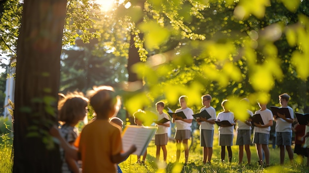 写真 画像は公園で歌っている子供たちのグループを示しています 彼らはすべて白いシャツと黒いショートパンツを着ています