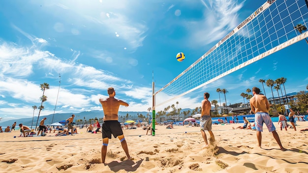 写真 この画像は,晴れた日にビーチバレーボールをしている人々のグループを示しています. 選手は前景で,海は背景です.