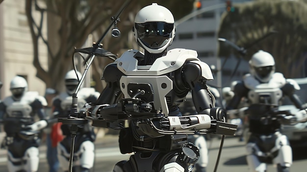 写真 黒と白のロボットが街を歩いておりロボットは同じ制服を着ており銃を持っています