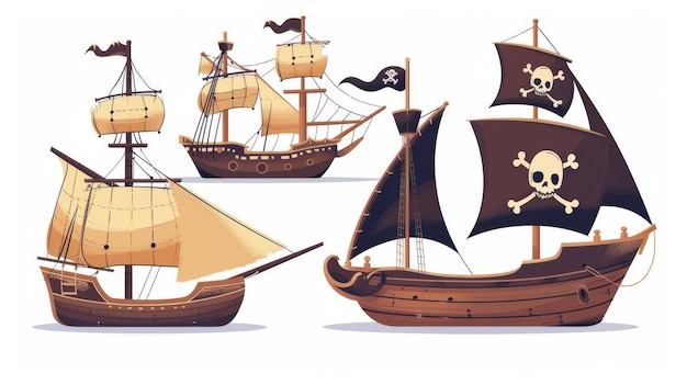 Фото Череп веселого роджера напечатан на парусе пиратского судна. деревянные корабли изолированы на белом фоне.