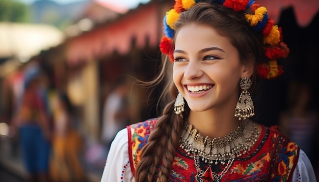 Фото Радостное выражение лица людей в румынии, когда они прикрепляют мартисор к своей одежде