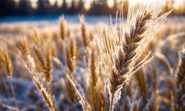 写真 小麦の葉は乾燥した氷で覆われている. 麦畑の朝の寒さ. 冬の小麦の氷.