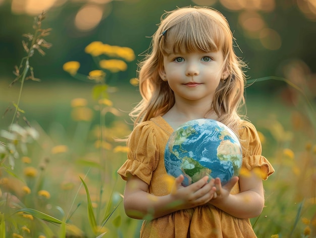 写真 小さな女の子が手に地球を握っている