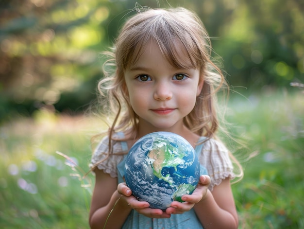 写真 小さな女の子が手に地球を握っている
