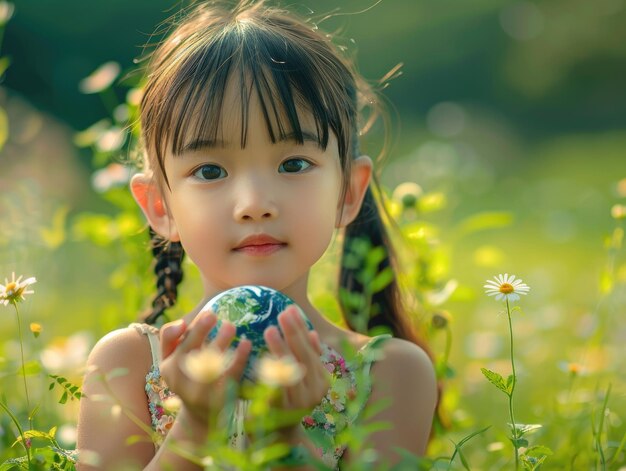 写真 小さな女の子が手に地球を握っている