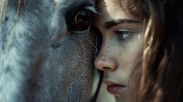 写真 白い馬と子供がつながりを感じる 馬の鼻<unk>をかぶった小さな無邪気な女の子
