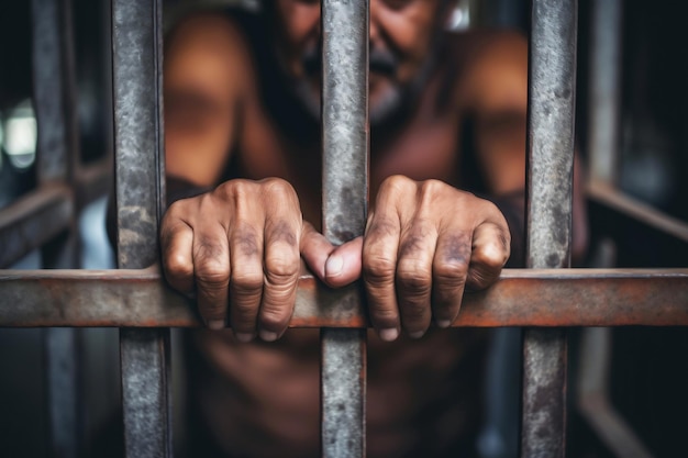 写真 男性囚人は刑務所の鉄格子を手で掴んだ 囚人の痛みと苦しみ 司法判決の必然性 絶望感 犯罪者の刑罰