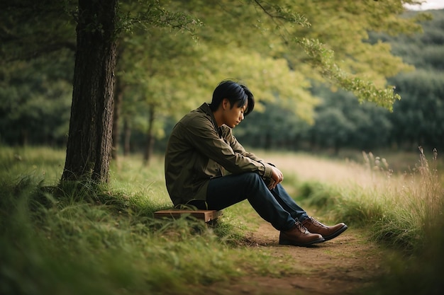 写真 木の幹に座っている男が下を見ていた