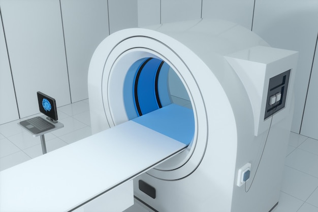 Фото Компьютерная томография медицинского оборудования в белой пустой комнате 3d рендеринг