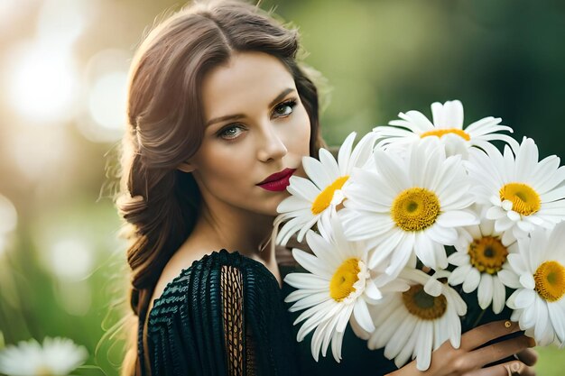 사진 모델은 은 립스틱을 쓰고 손에는  꽃을 들고 있다.