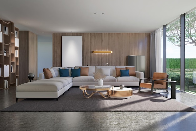 Фото Современный роскошный интерьер гостиной яркий и чистый 3d-иллюстрация