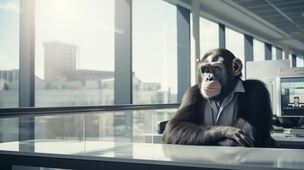 사진 원이는 사무실에 앉아 있다 안경을 입은 침팬지 사무실 관리자