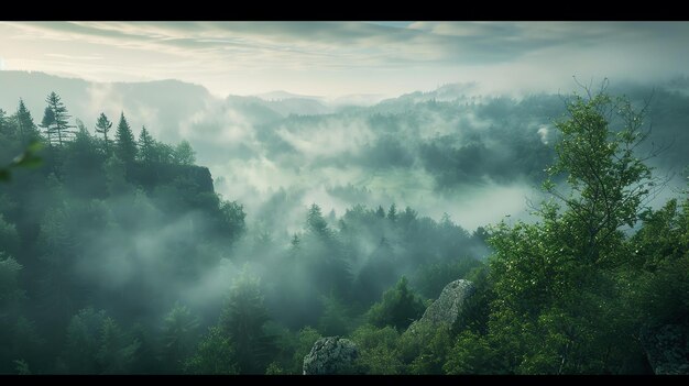 写真 朝の霧が丘と谷を覆い下の森の景色を遮っています