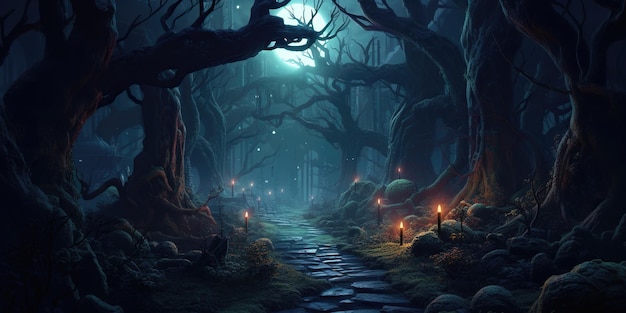 写真 謎めいた森は謎の囲気に 沈み込む 未知の震え 影が木々と霧の間で 恐ろしいゲームをしている