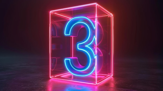 Фото Неон номер три, который светит в инфракрасном свете, отображается в 3d с использованием красно-голубого и зеленого неонового света