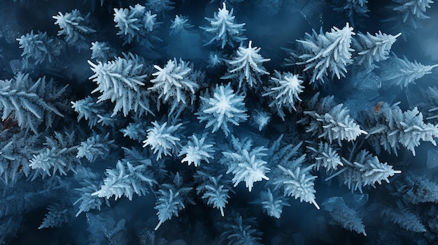 Фото Северный холодный хвойный лес покрыт морозом и снегом. пейзаж - воздушный вид.